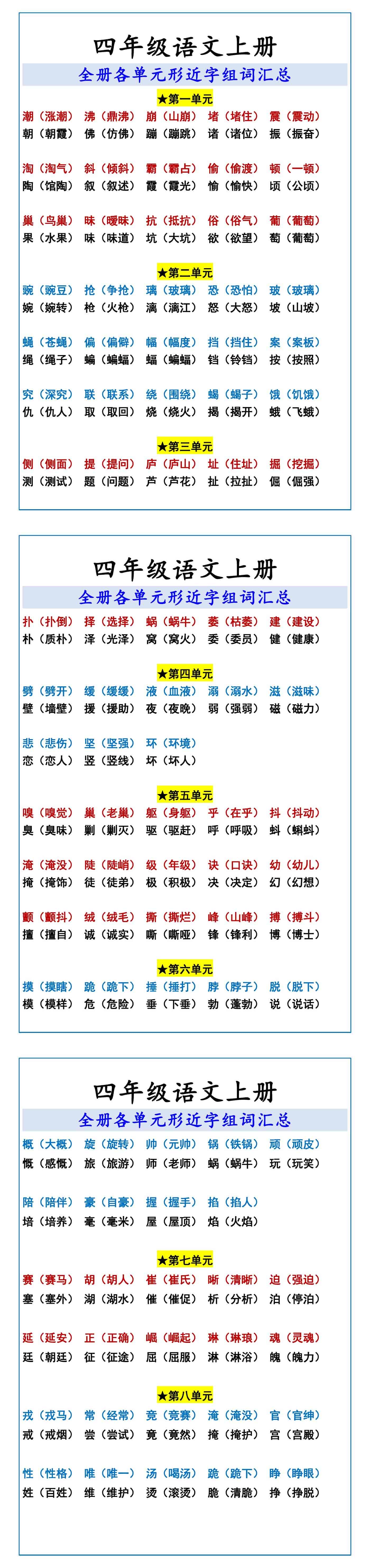 四年级语文上册 全册各单元形近字
