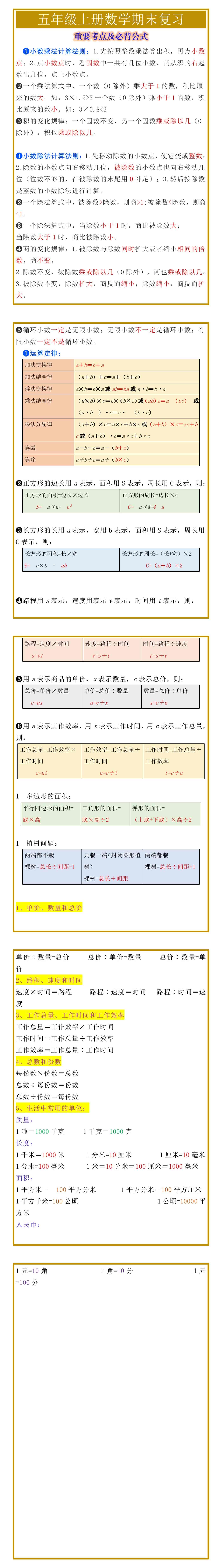 五年级上册数学期末复习重要考点及必背公式