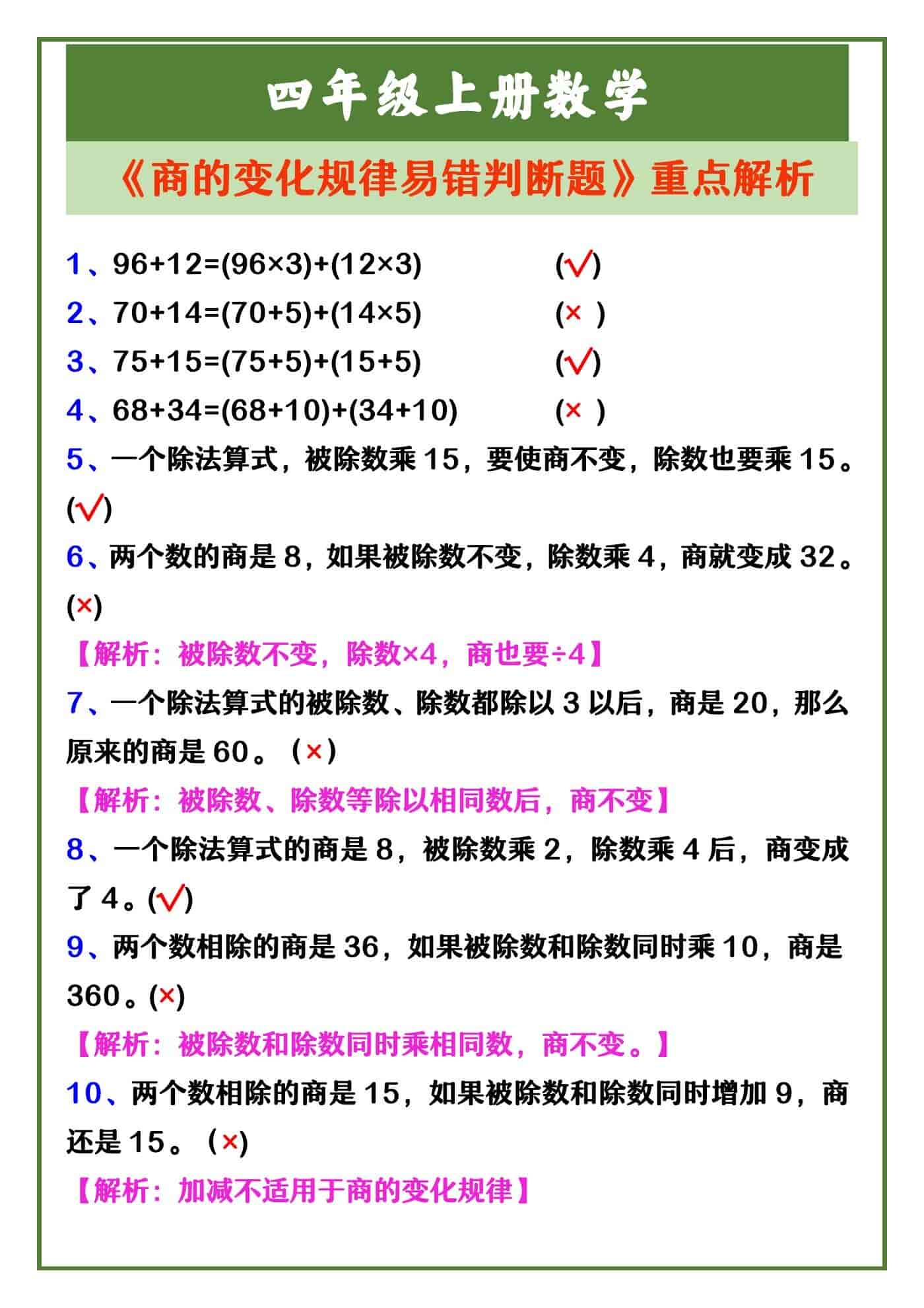 四年级上册数学 《商的变化规律易错判断题》重