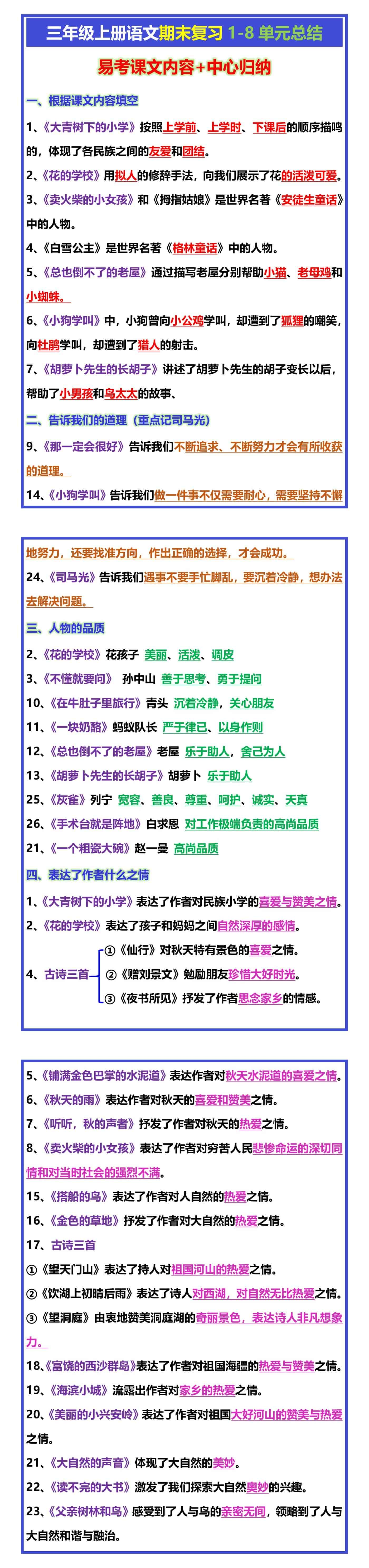 三年级上册语文期末复习易考课文内容+中心归纳