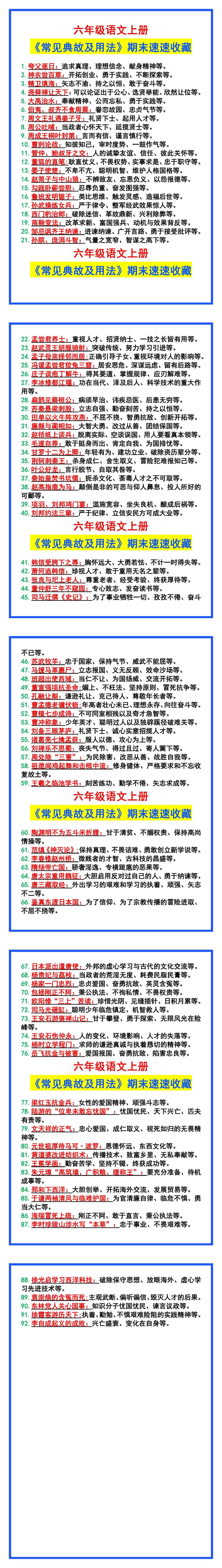 六年级语文上册《常见典故及用法》，期末速速