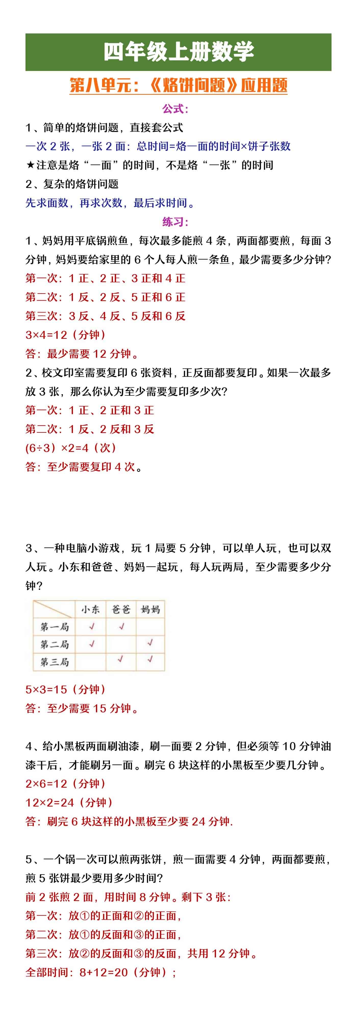 四年级上册数学第八单元烙饼问题
