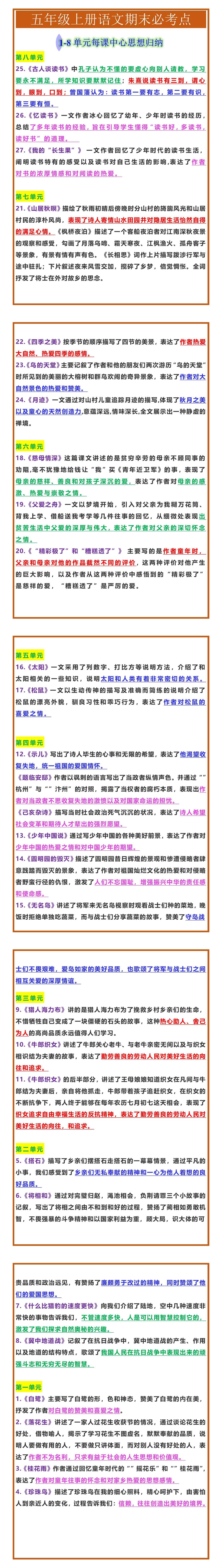 五年级上册语文1-8单元每课中心思想归纳