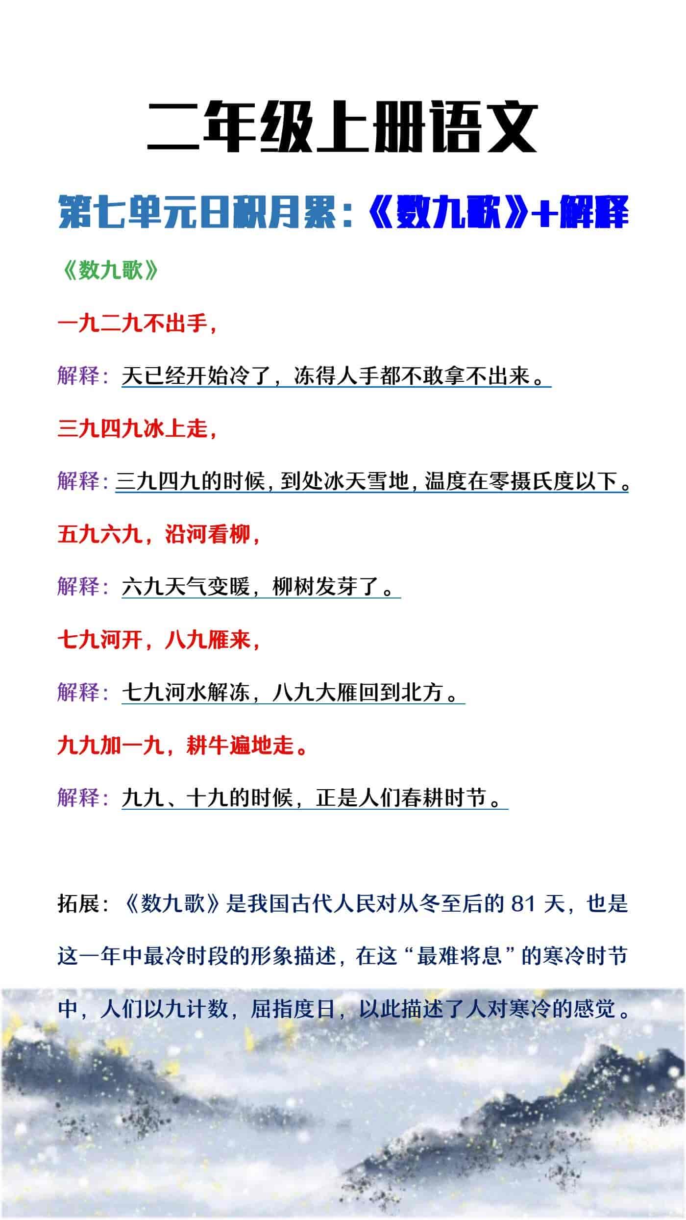 二年级上册语文日积月累七《数九歌》及解释