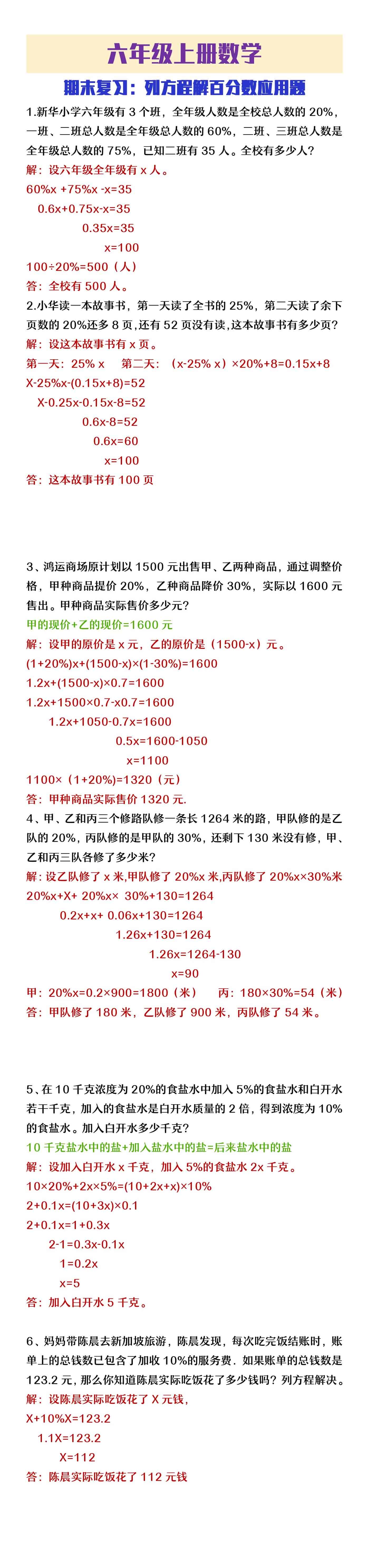 六年级上册数学期末复习：列方程解百分数应用