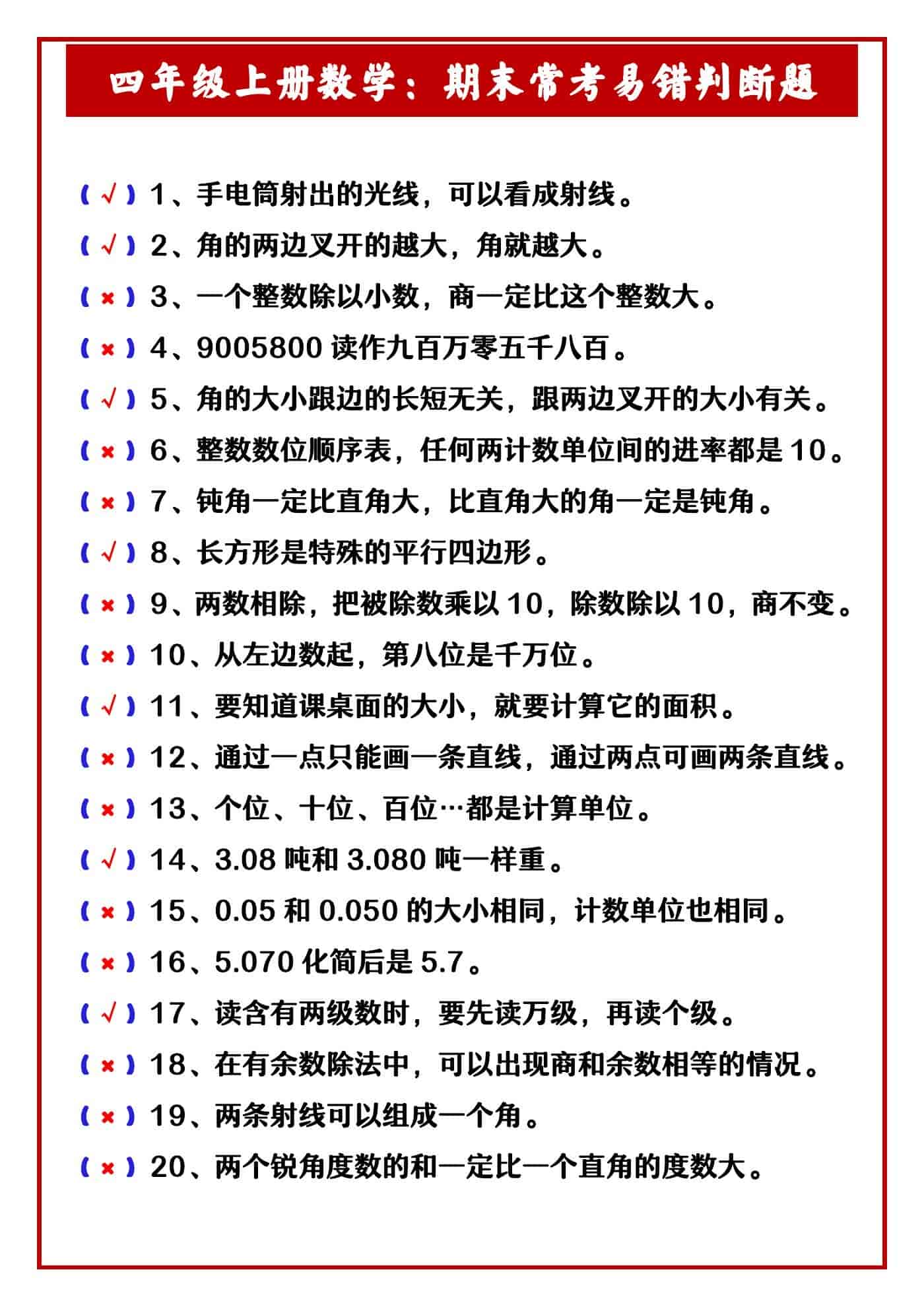 四年级上册数学：期末常考易错判断题