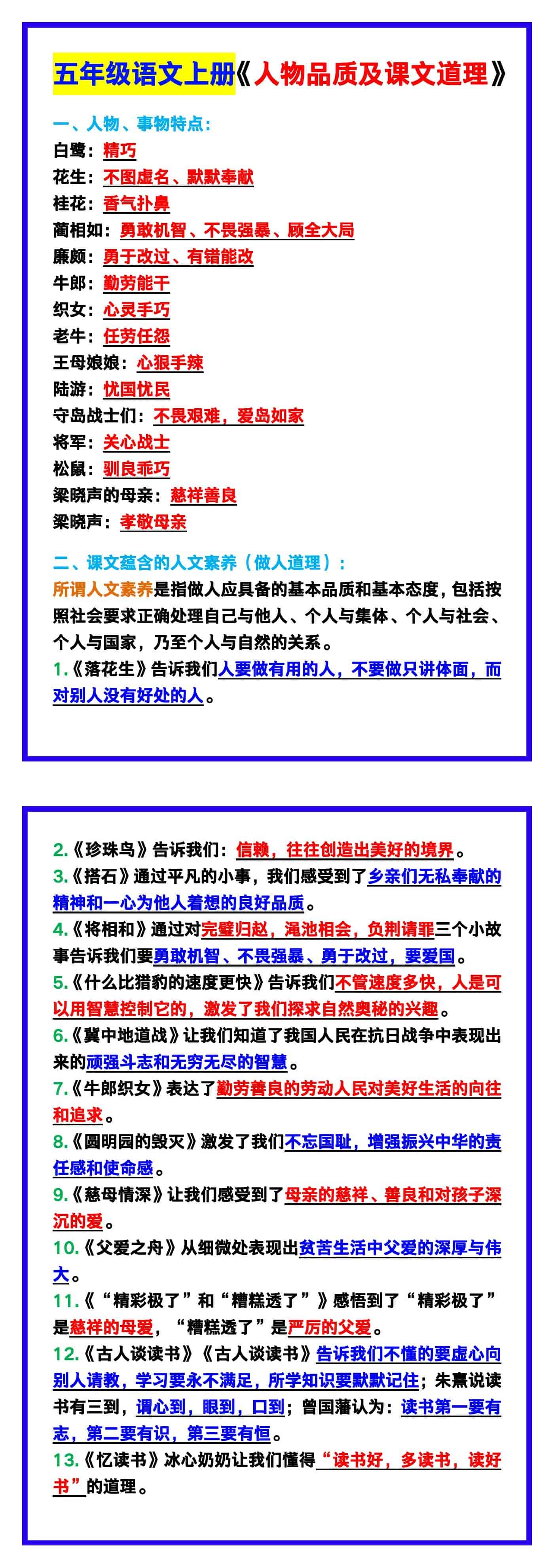 五年级语文上册《人物品质及课文道理》！