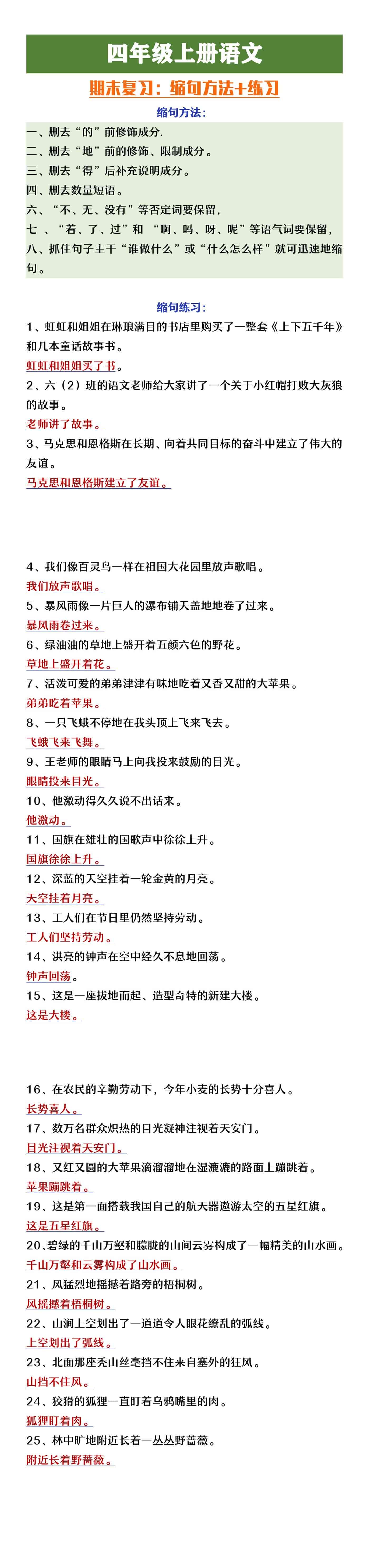 四年级上册语文缩句方法+练习