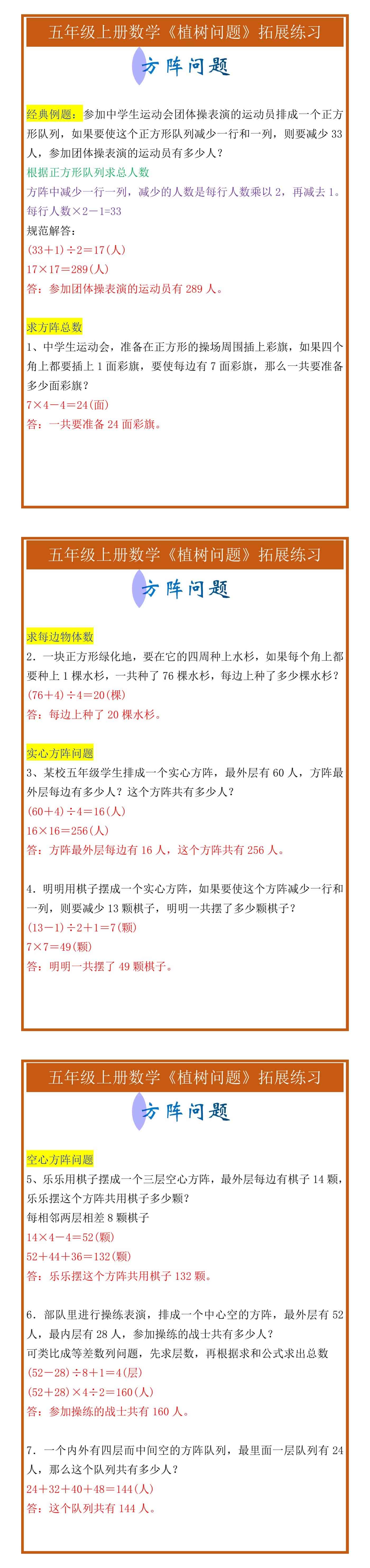 五年级上册数学植树问题拓展练习《方阵问题》