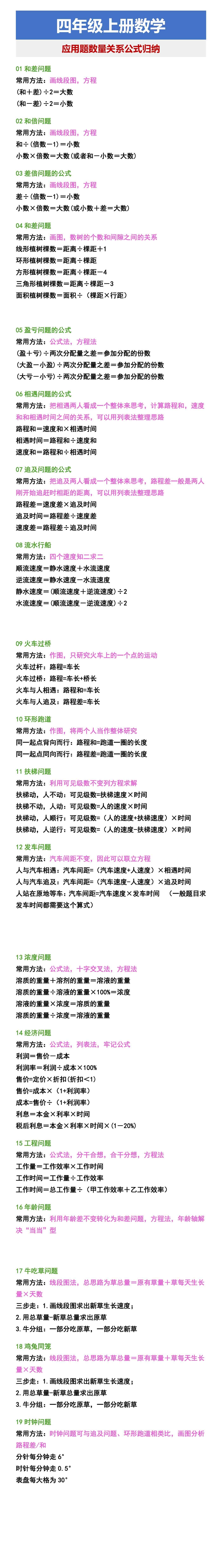 四年级上册数学 应用题数量关系公式归纳