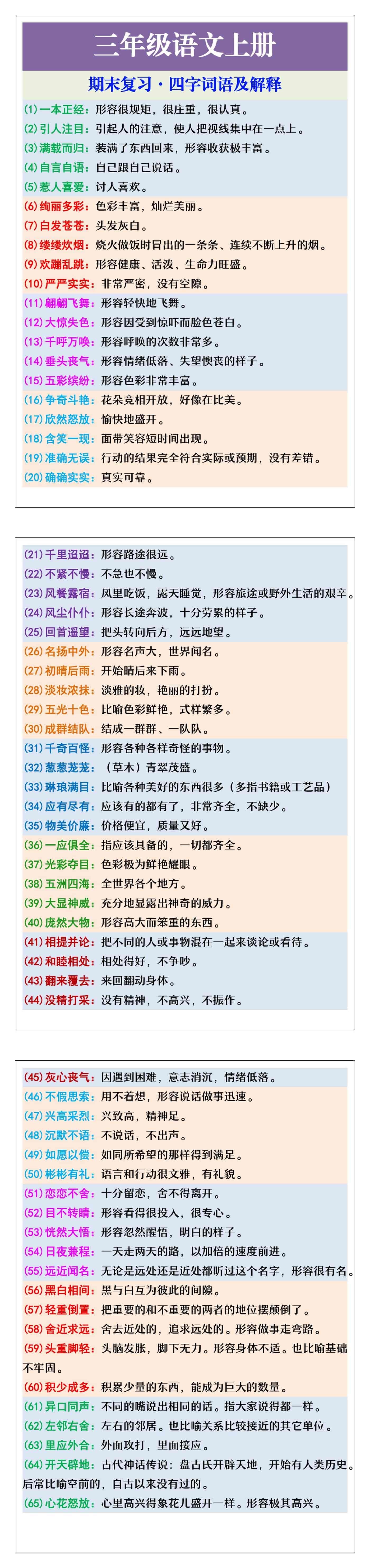 三年级语文上册期末复习四字词语及解释