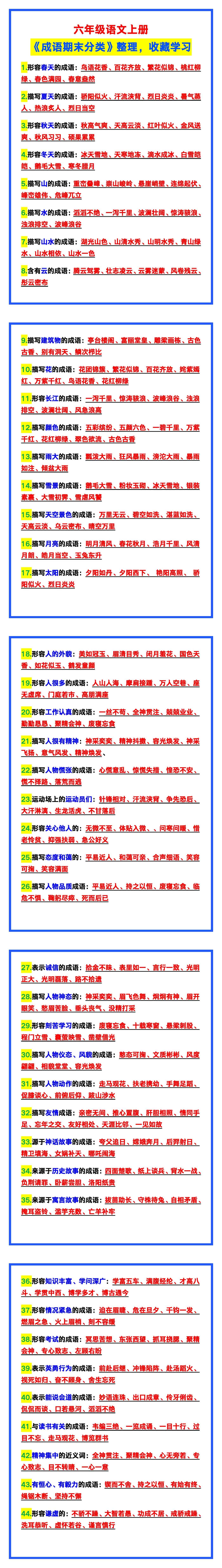 六年级语文上册《成语期末分类》整理，收藏学