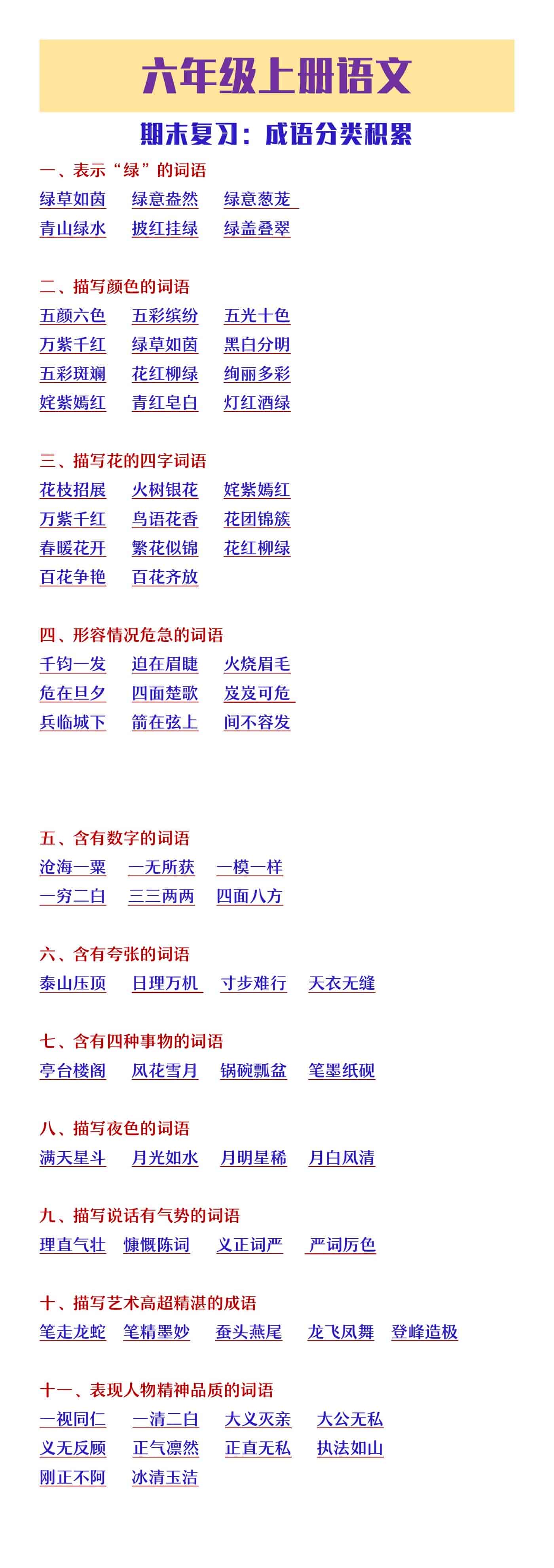 六年级上册语文期末复习成语分类积累