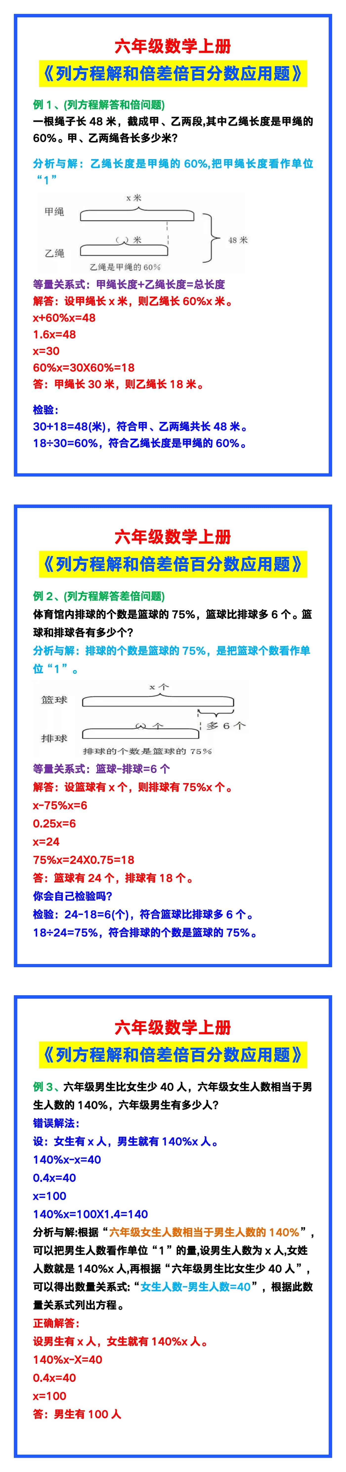 六年级数学上册《列方程解和倍差倍百分数应用