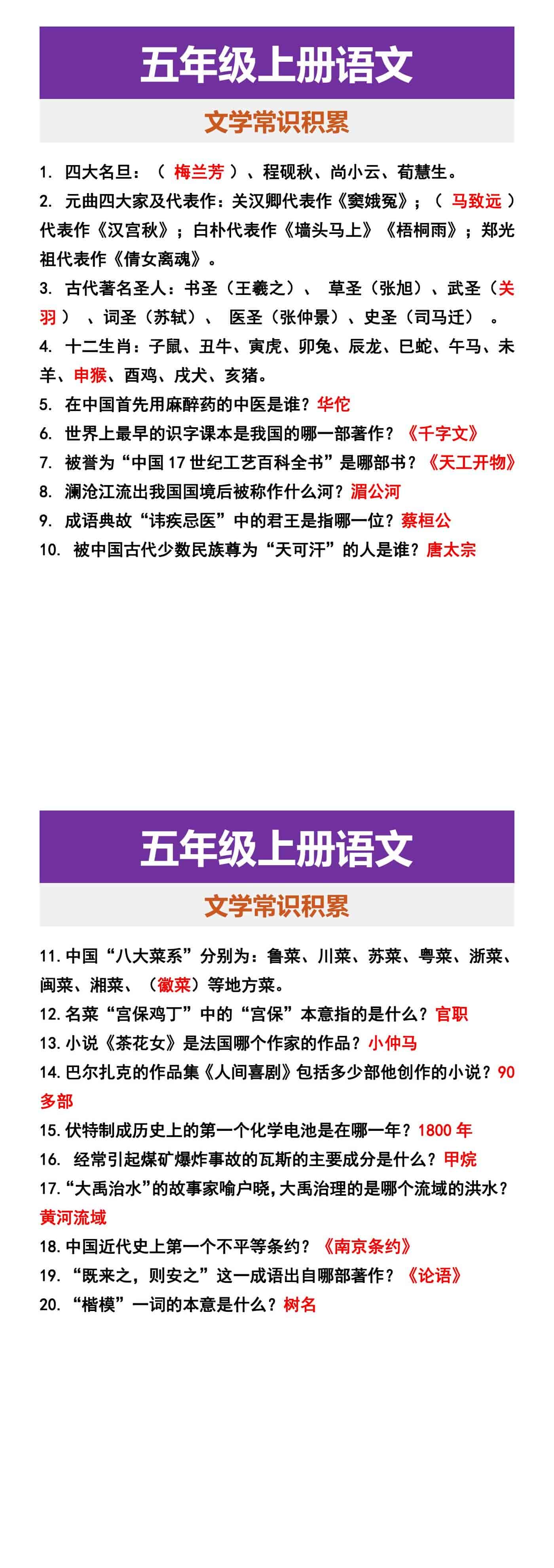 五年级上册语文 文学常识积累