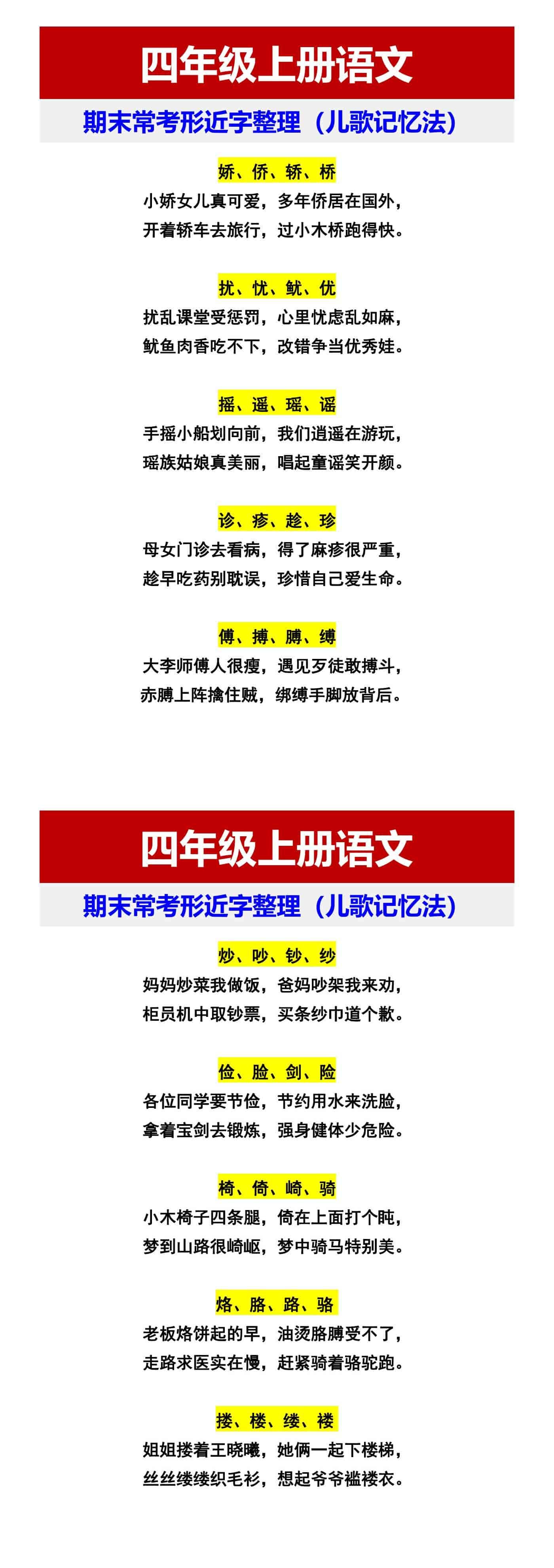 四年级上册语文 期末常考形近字整理（儿歌记忆