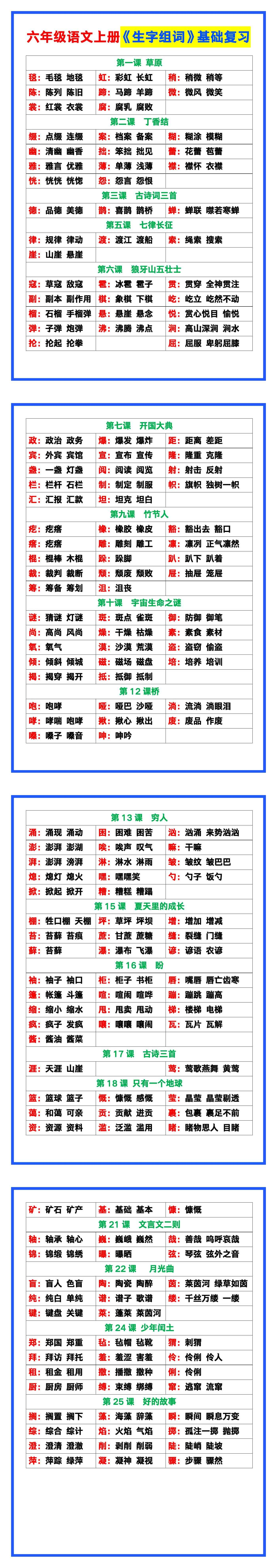 六年级语文上册《生字组词》，基础复习！