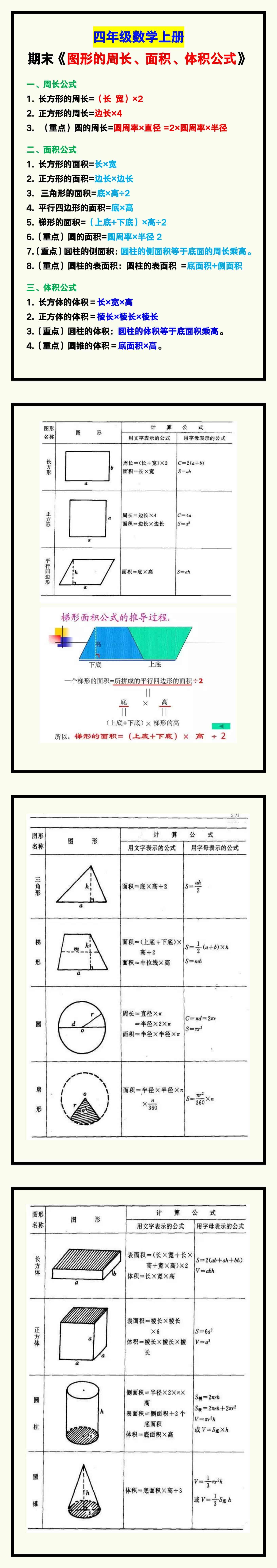 四年级数学上册《图形的周长、面积、体积公式