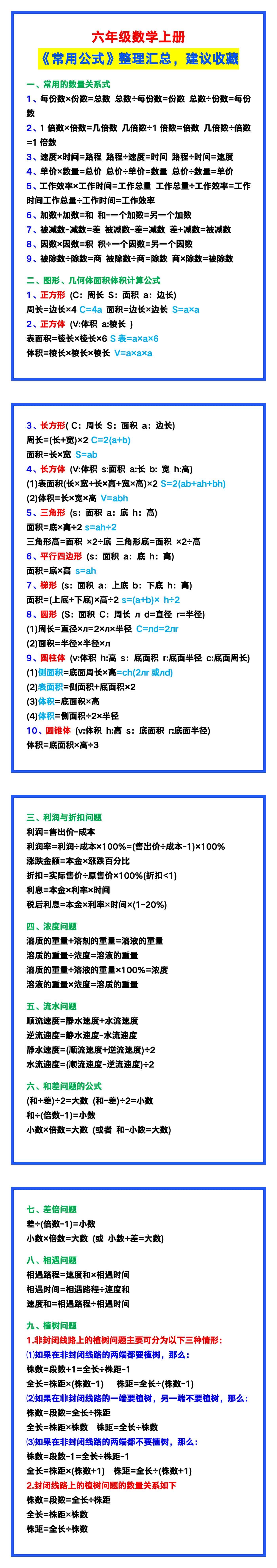 六年级数学上册《常用公式》整理汇总，建议收