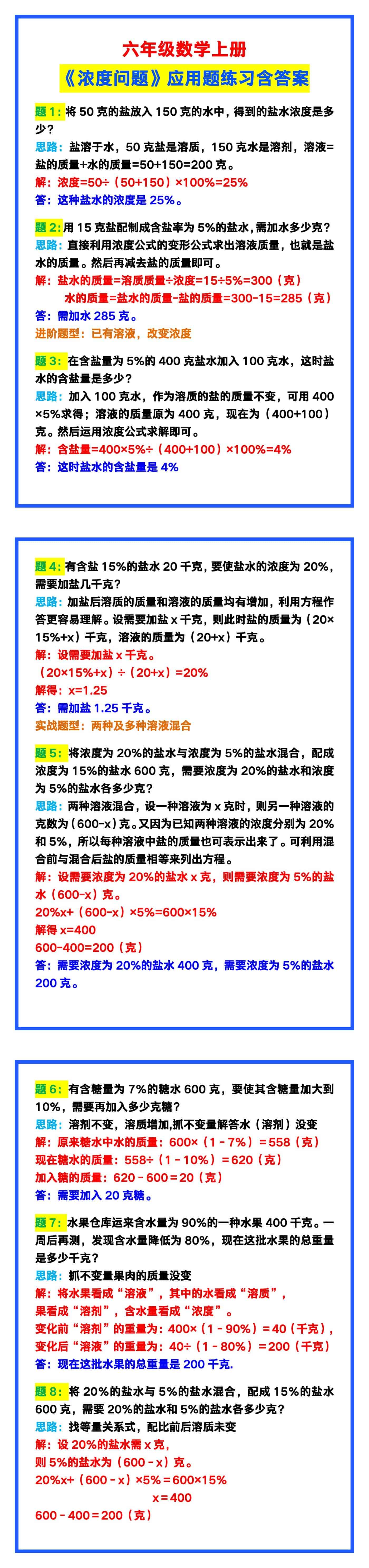 六年级数学上册《浓度问题》应用题练习含答案
