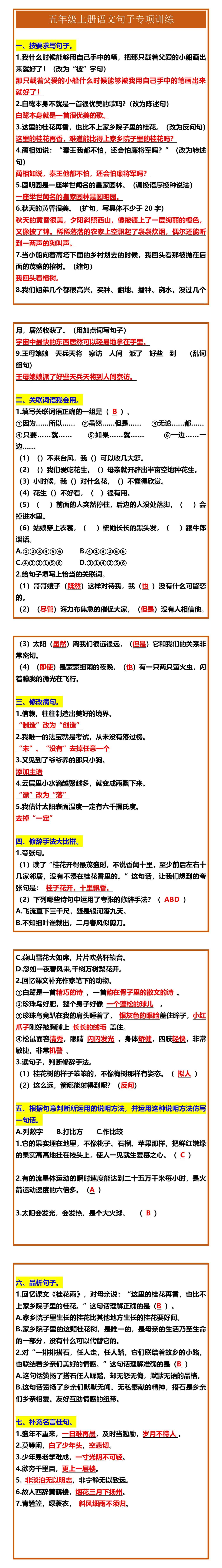 五年级上册语文句子专项训练