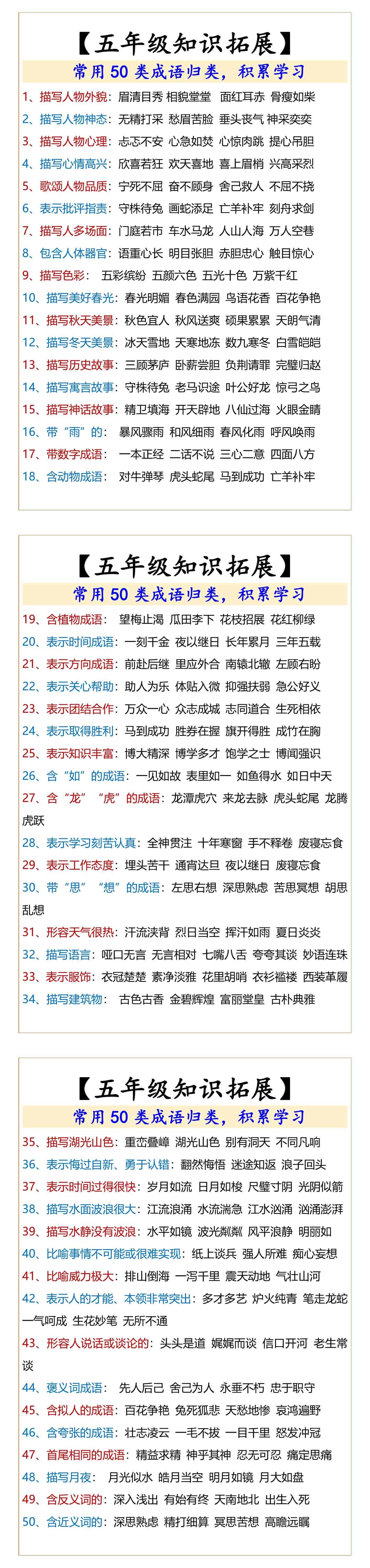 五年级常用50类成语归类，积累学习