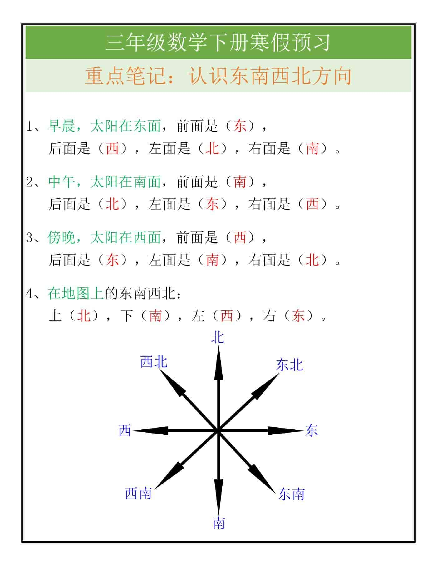 三年级数学下册《位置和方向》寒假预习学霸笔