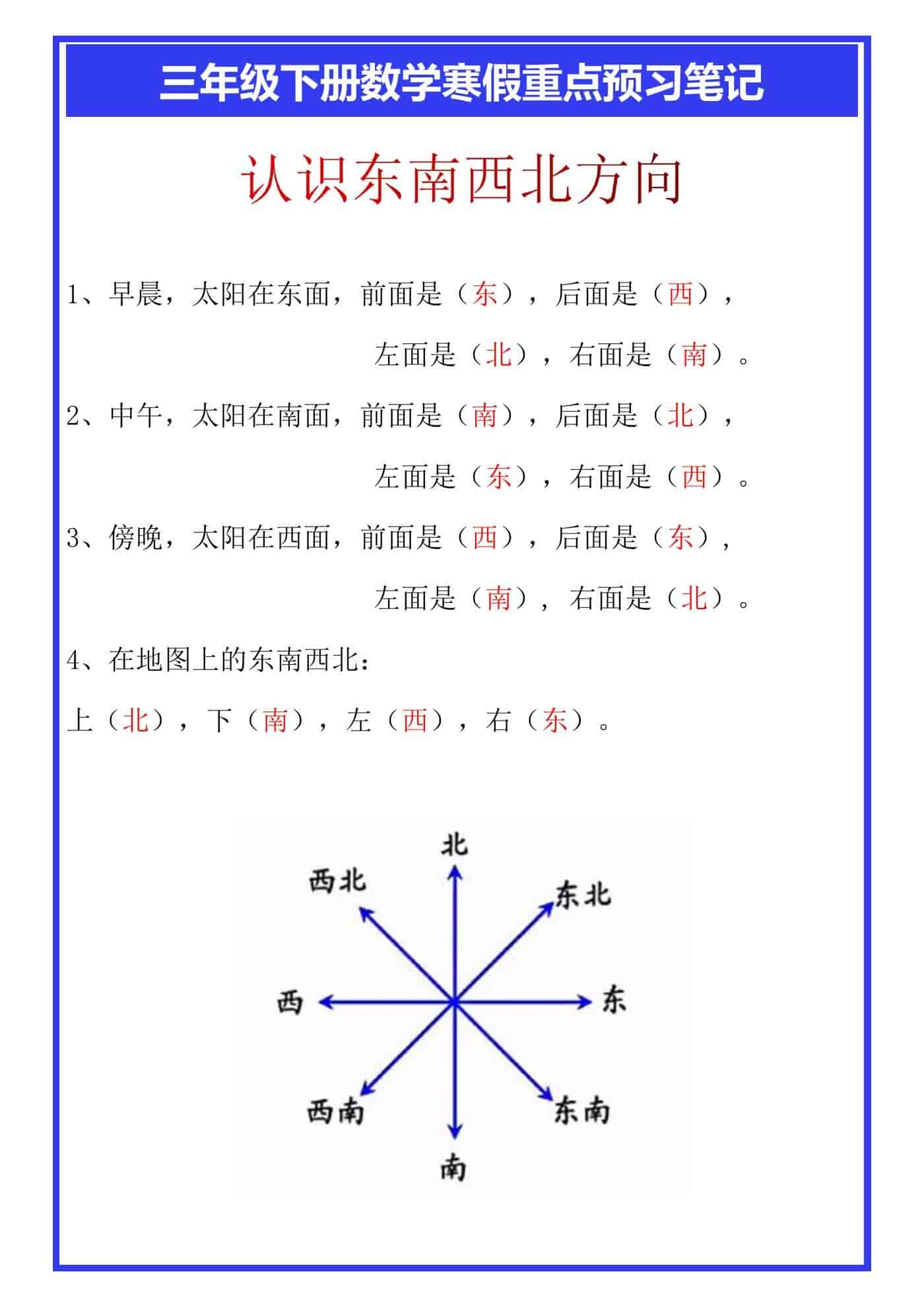 三年级下册数学寒假重点预习笔记《认识东南西