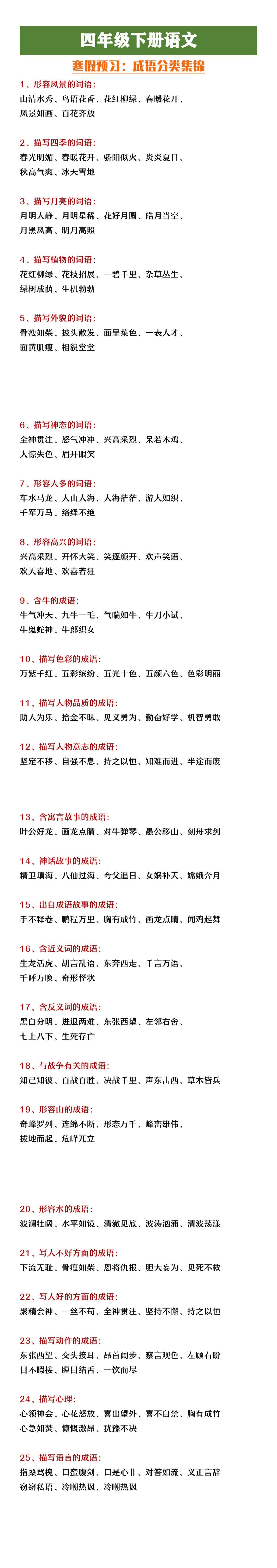 四年级下册语文寒假预习成语分类积累