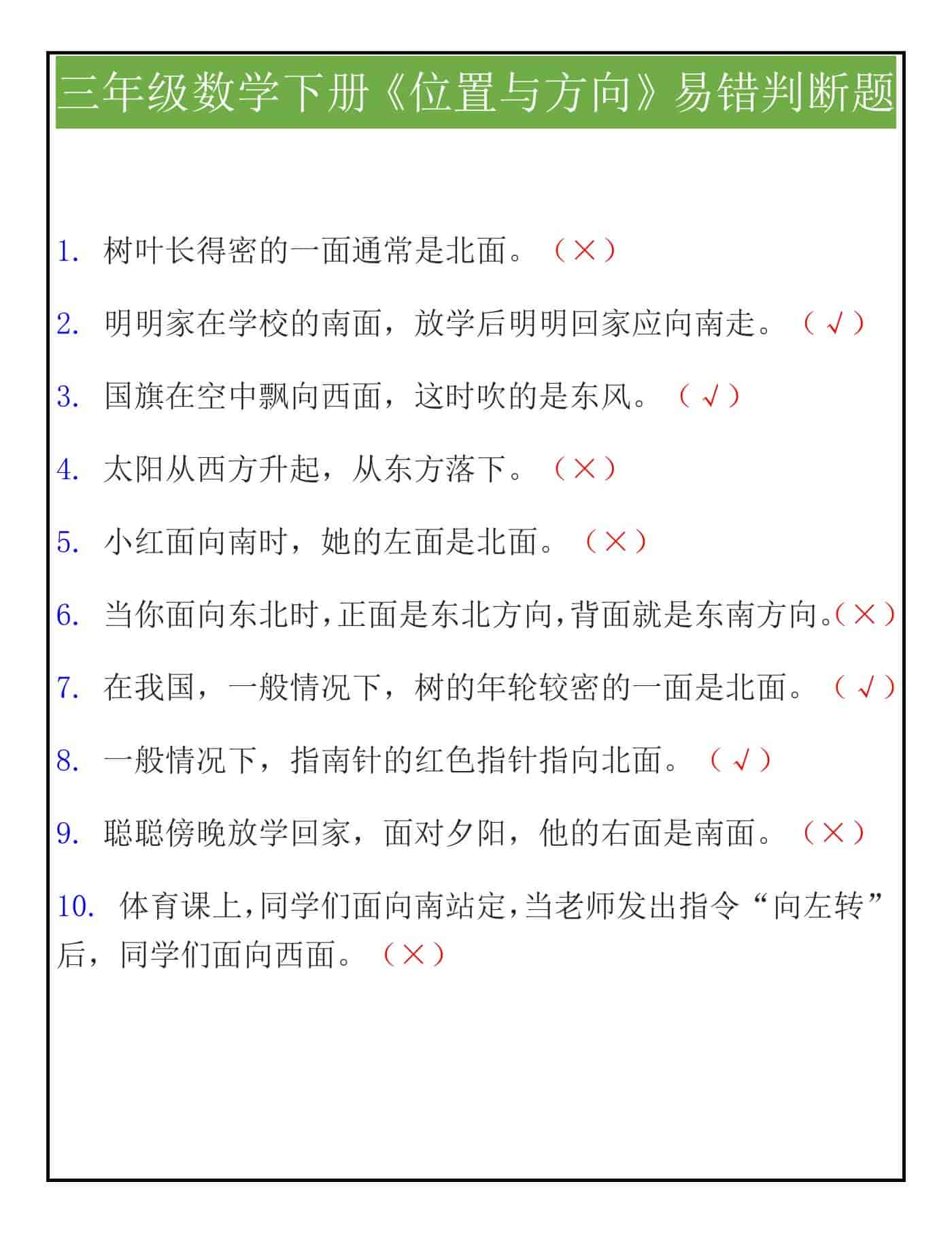 三年级数学下册《位置与方向》易错判断题