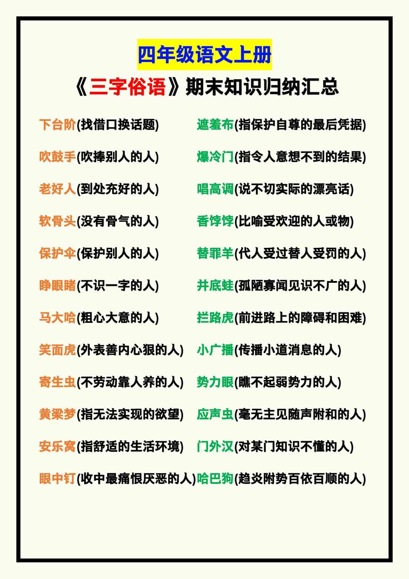 四年级语文上册《三字俗语》期末知识归纳！