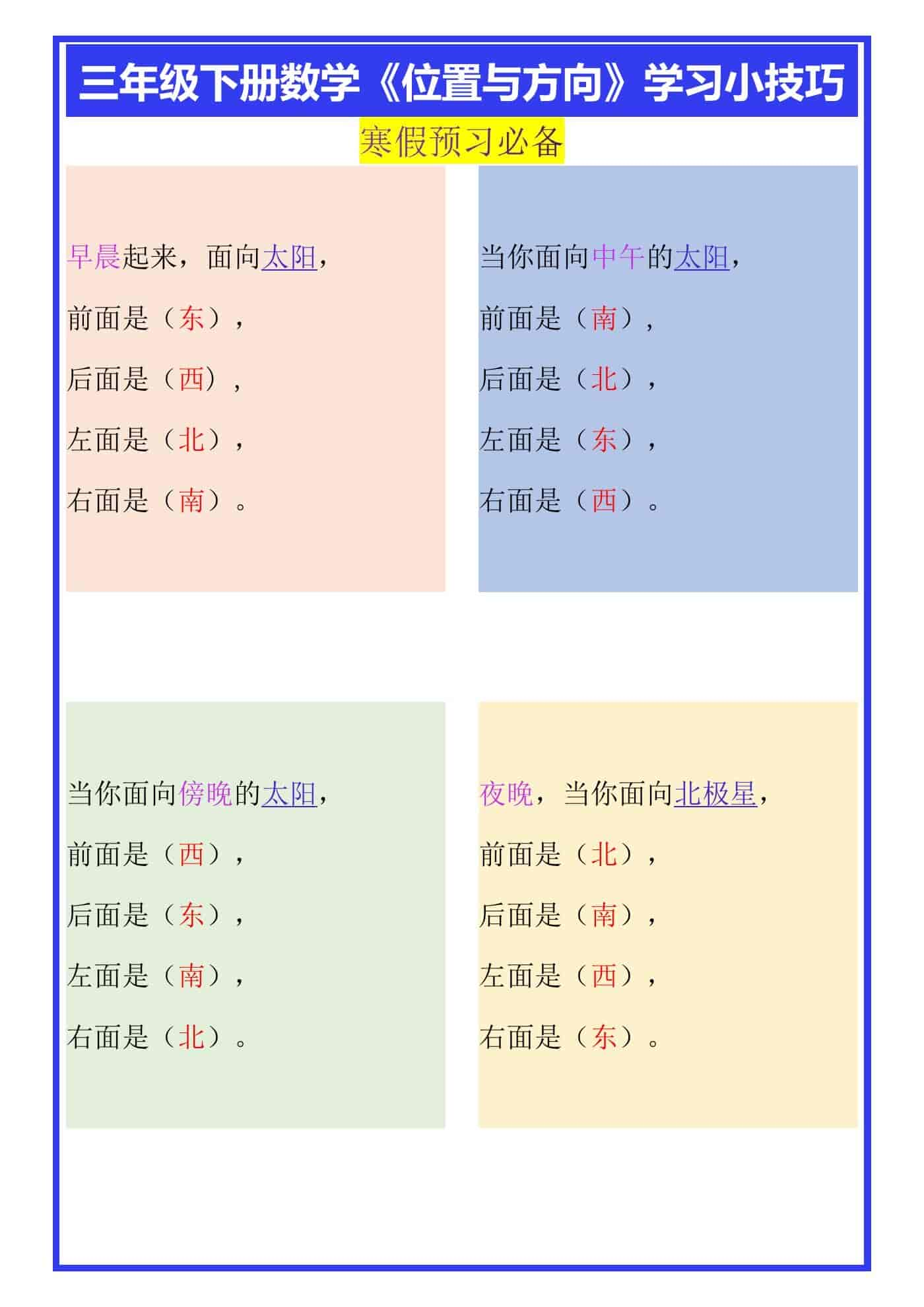 三年级下册数学《位置与方向》学习小技巧