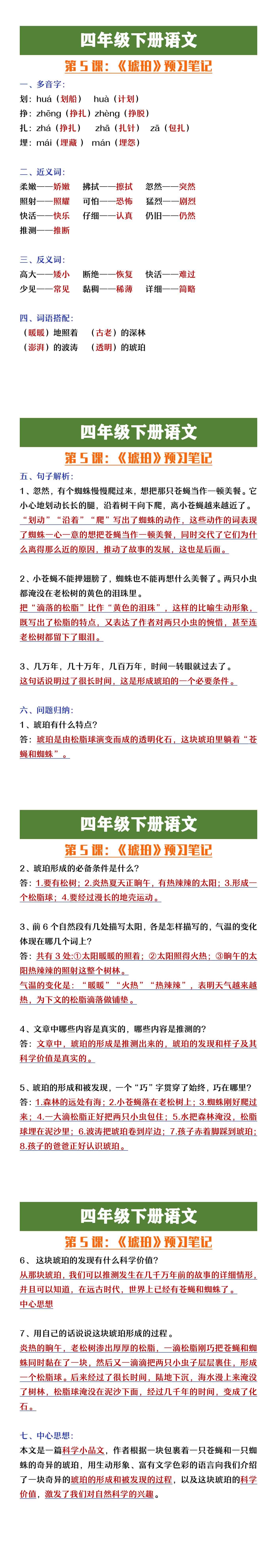 四年级下册语文《琥珀》预习笔记