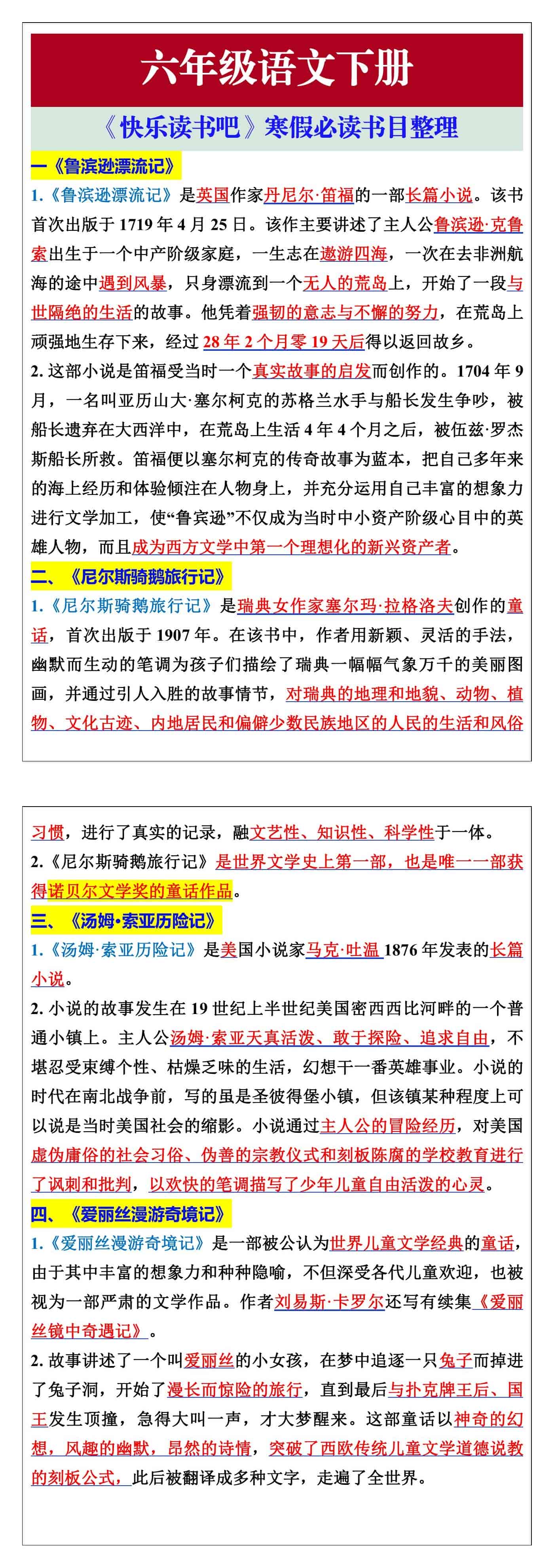 六年级语文下册《快乐读书吧》必读书目知识