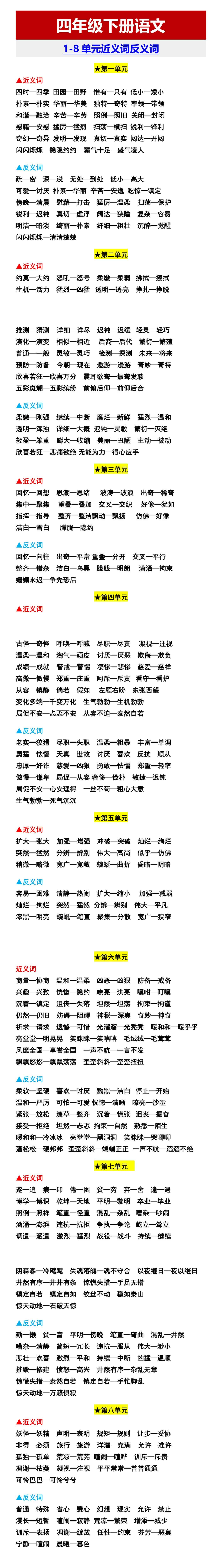 四年级下册语文 1-8单元近义词反义词