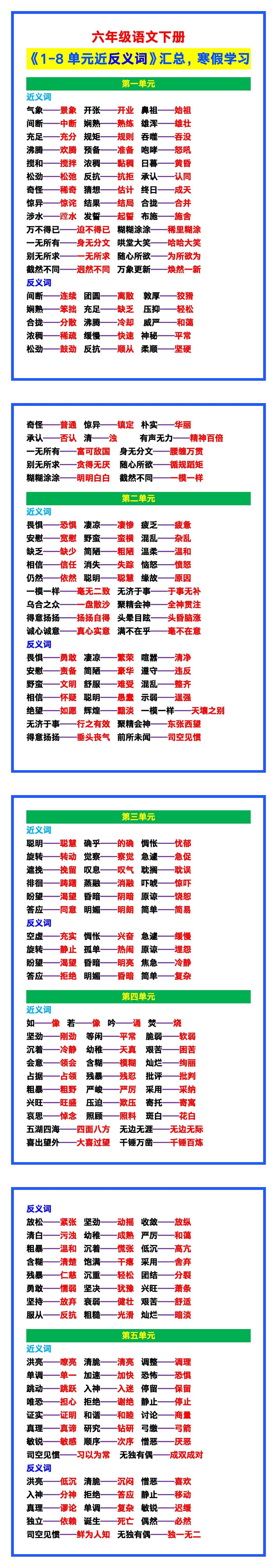 六年级语文下册《1-8单元近反义词》汇总，寒假