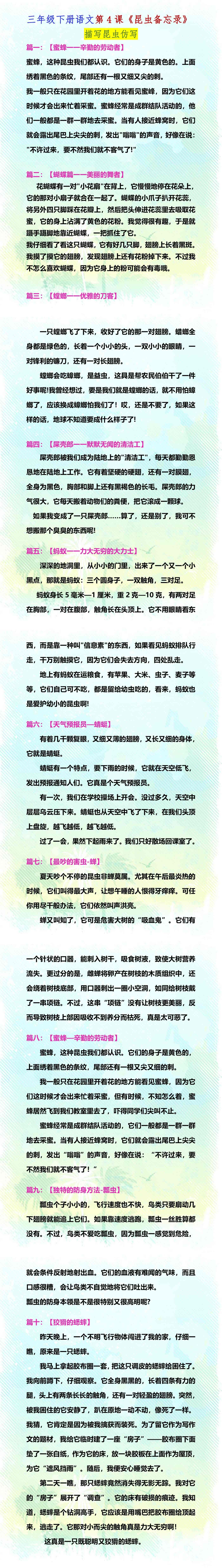 三年级下册语文第4课《昆虫备忘录》描写昆虫仿