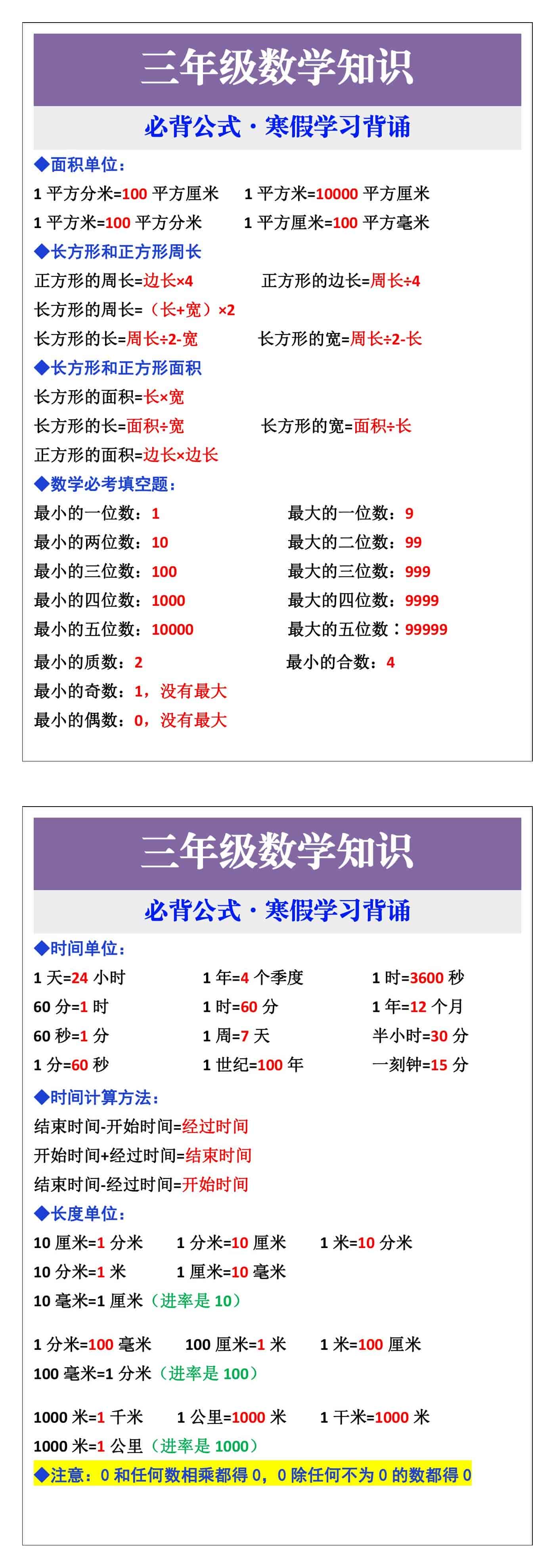 三年级数学寒假必背公式，假期学习背诵