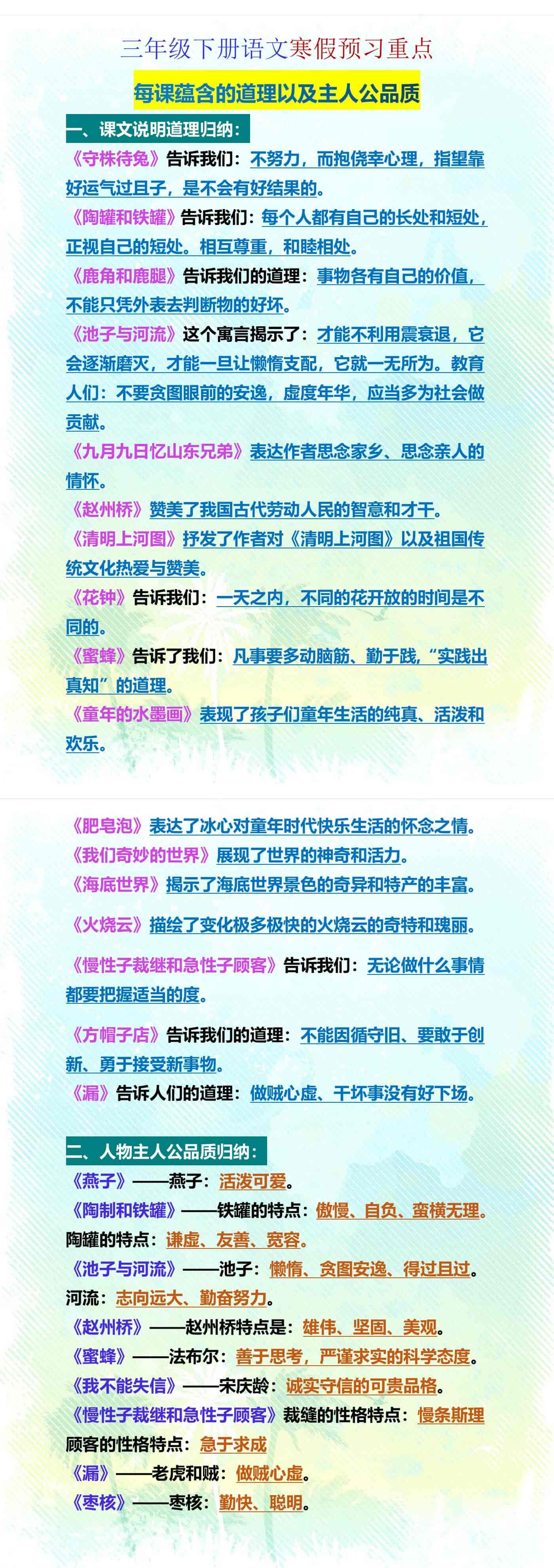 三年级下册语文寒假预习重点每课蕴含的道理以