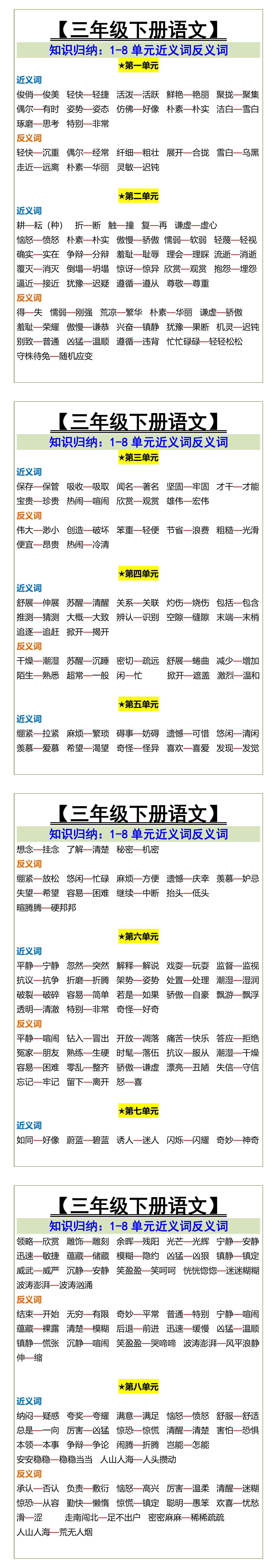 三年级下册语文1-8单元近义词反义词