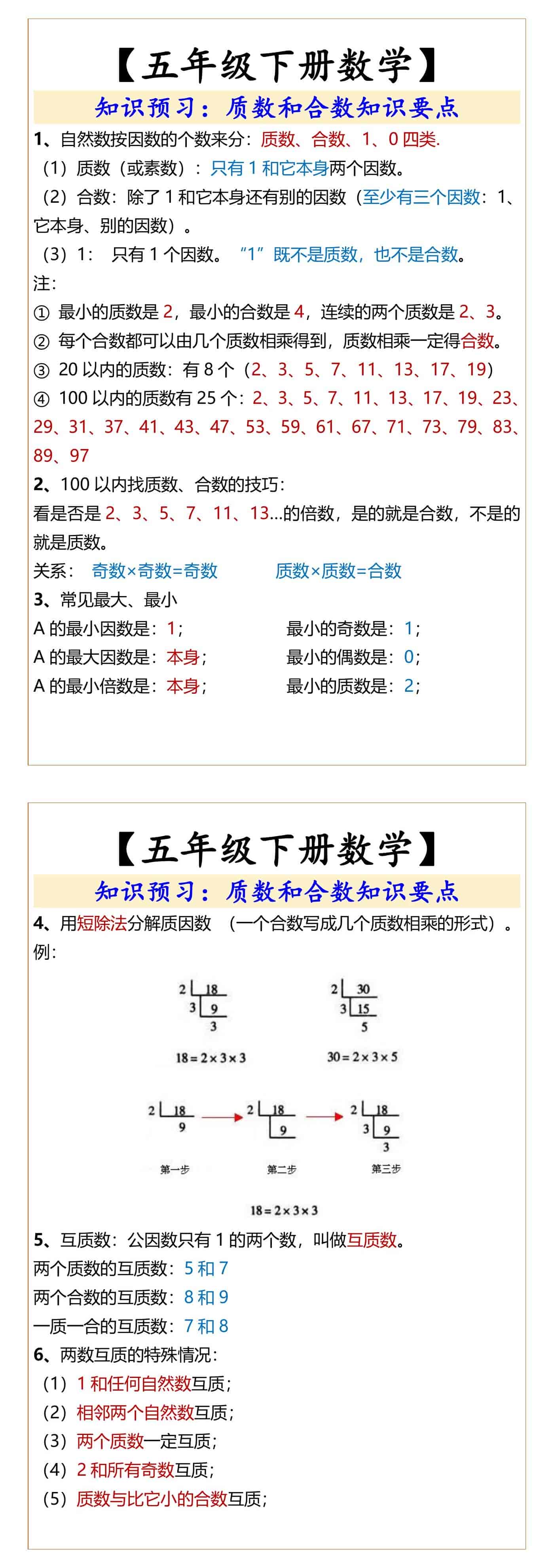 五年级下册数学质数和合数知识要点