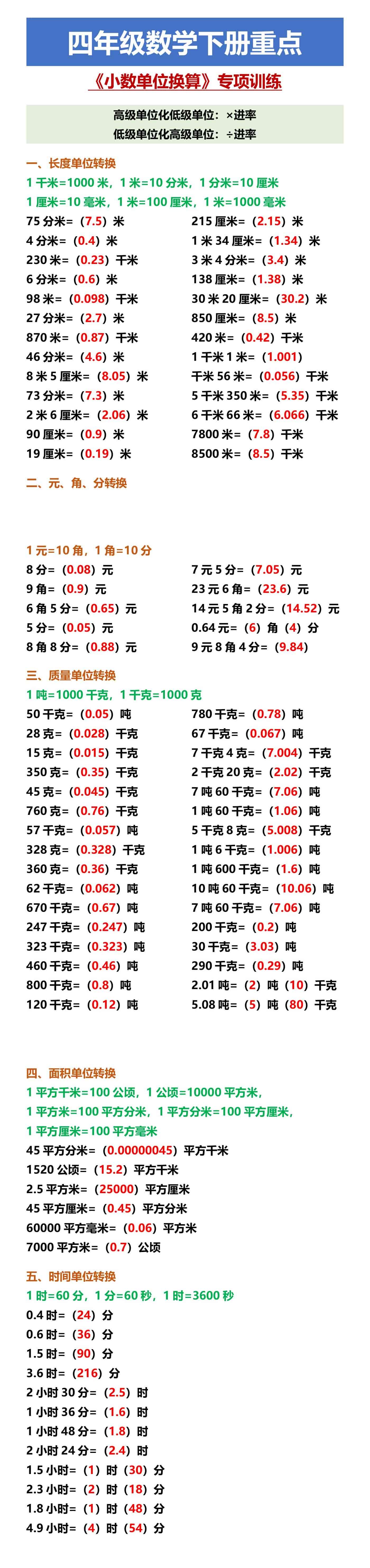 四年级数学下册重点 《小数单位换算》专项训练