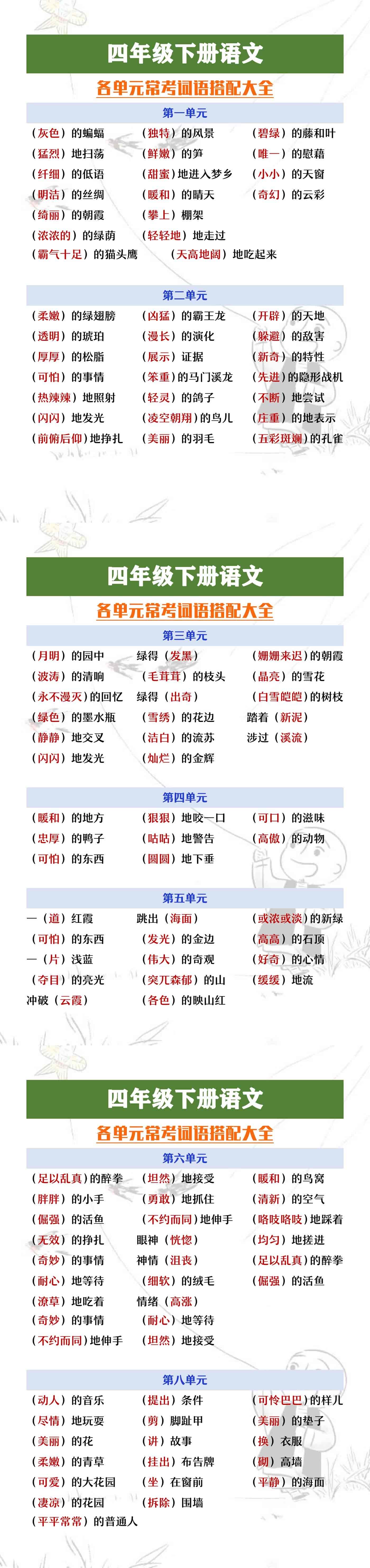 四年级下册语文各单元常考词语搭配