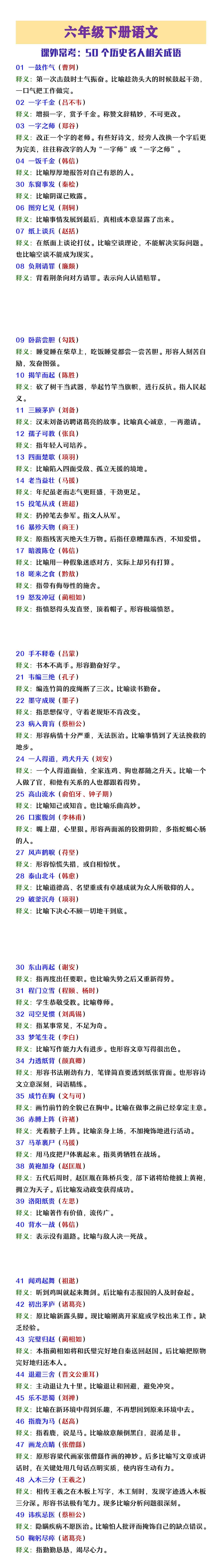六年级下册语文50个历史名人相关成语