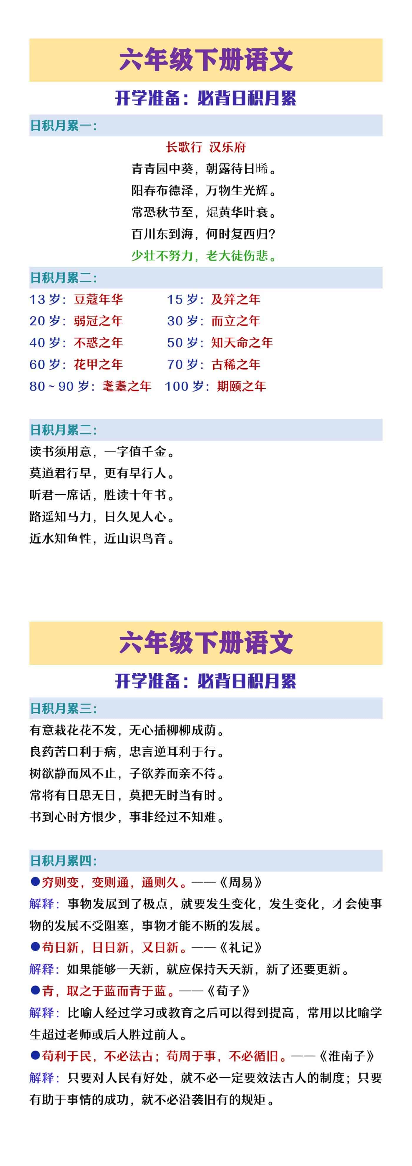 六年级下册语文开学必背日积月累