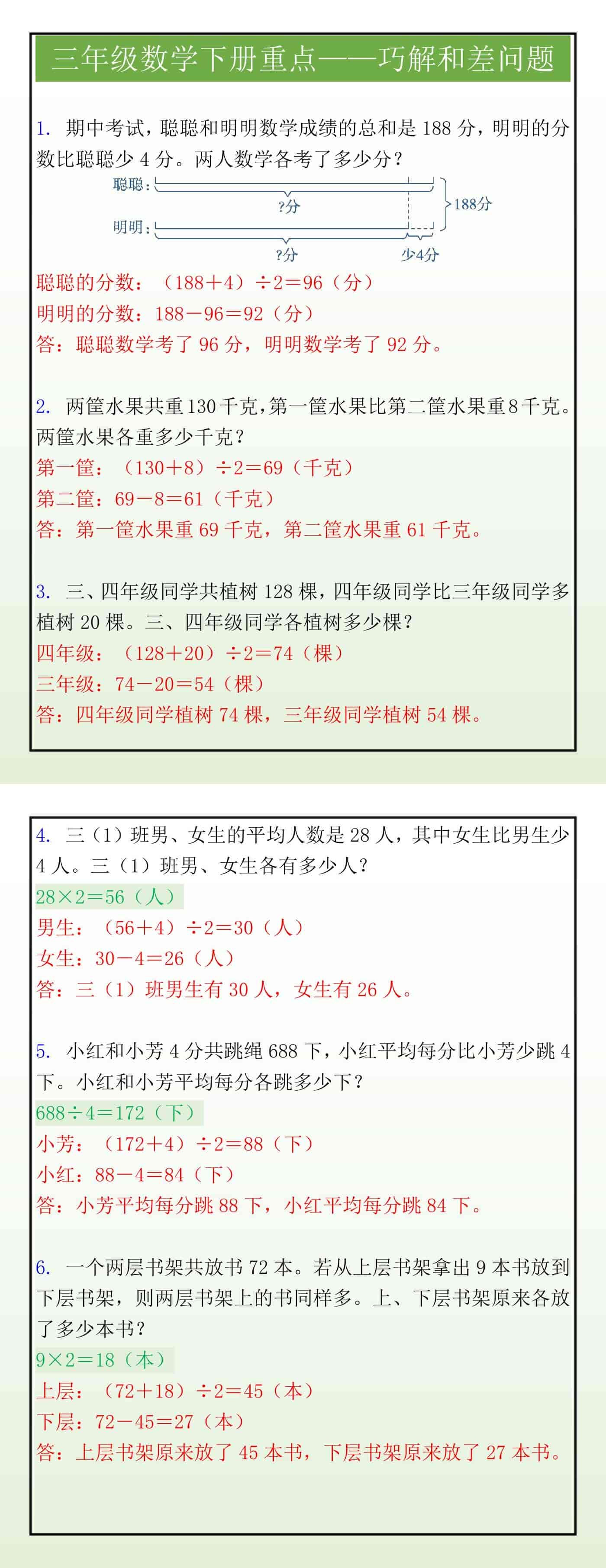 三年级数学下册重点——巧解和差问题