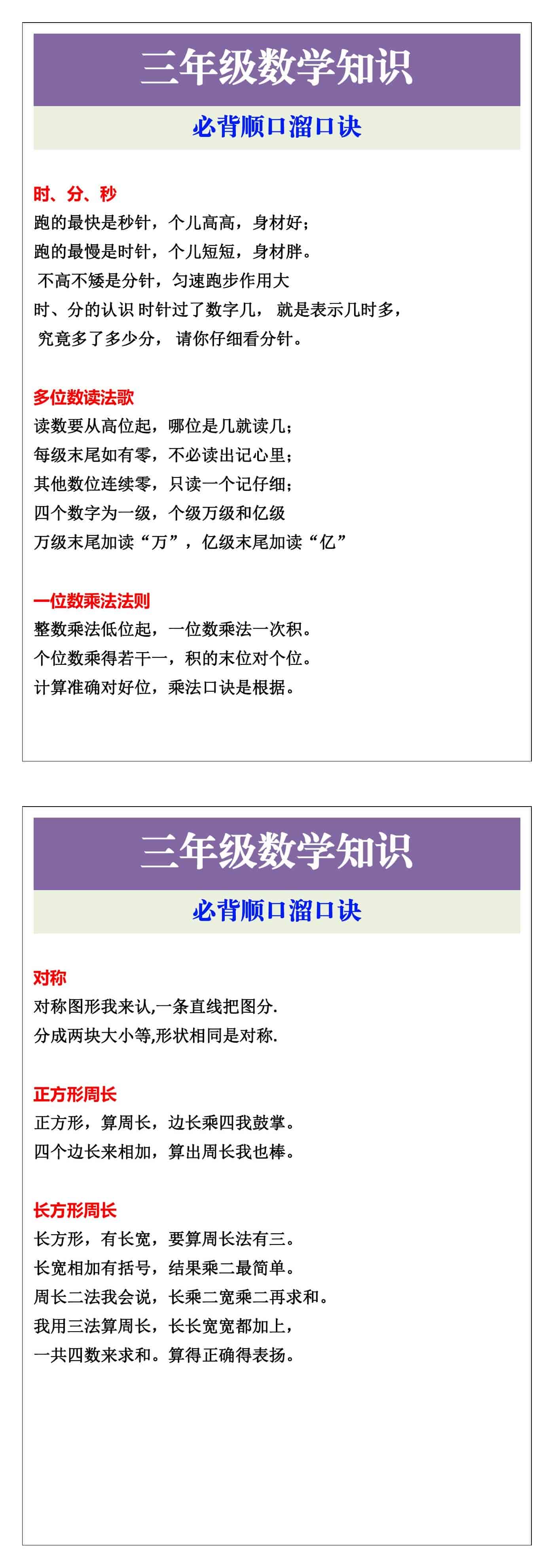 三年级数学下册必背顺口溜口诀