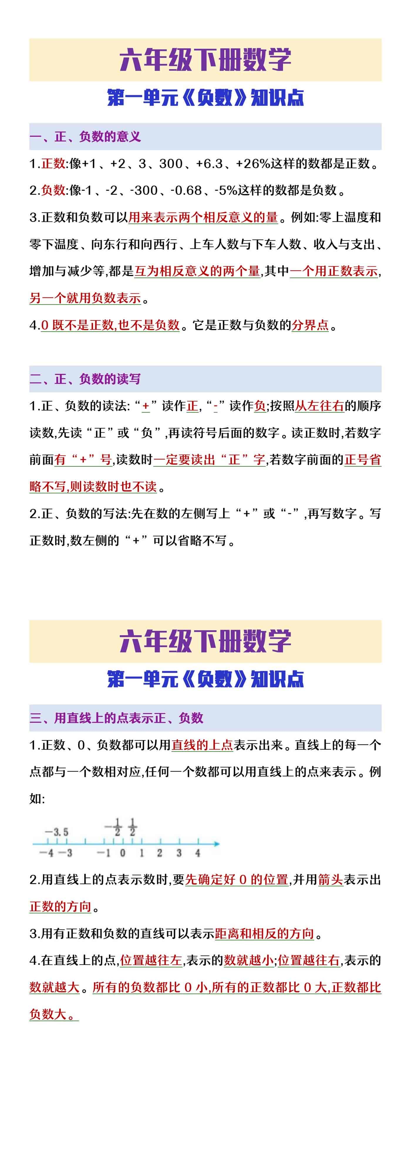 六年级下册数学第一单元《负数》知识点