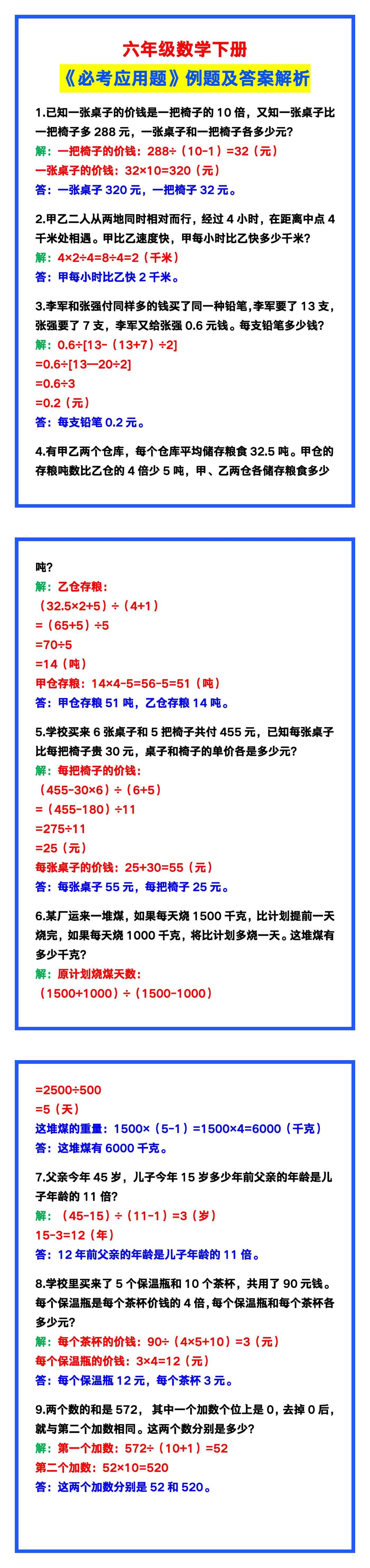 六年级数学下册《必考应用题》例题及答案解析