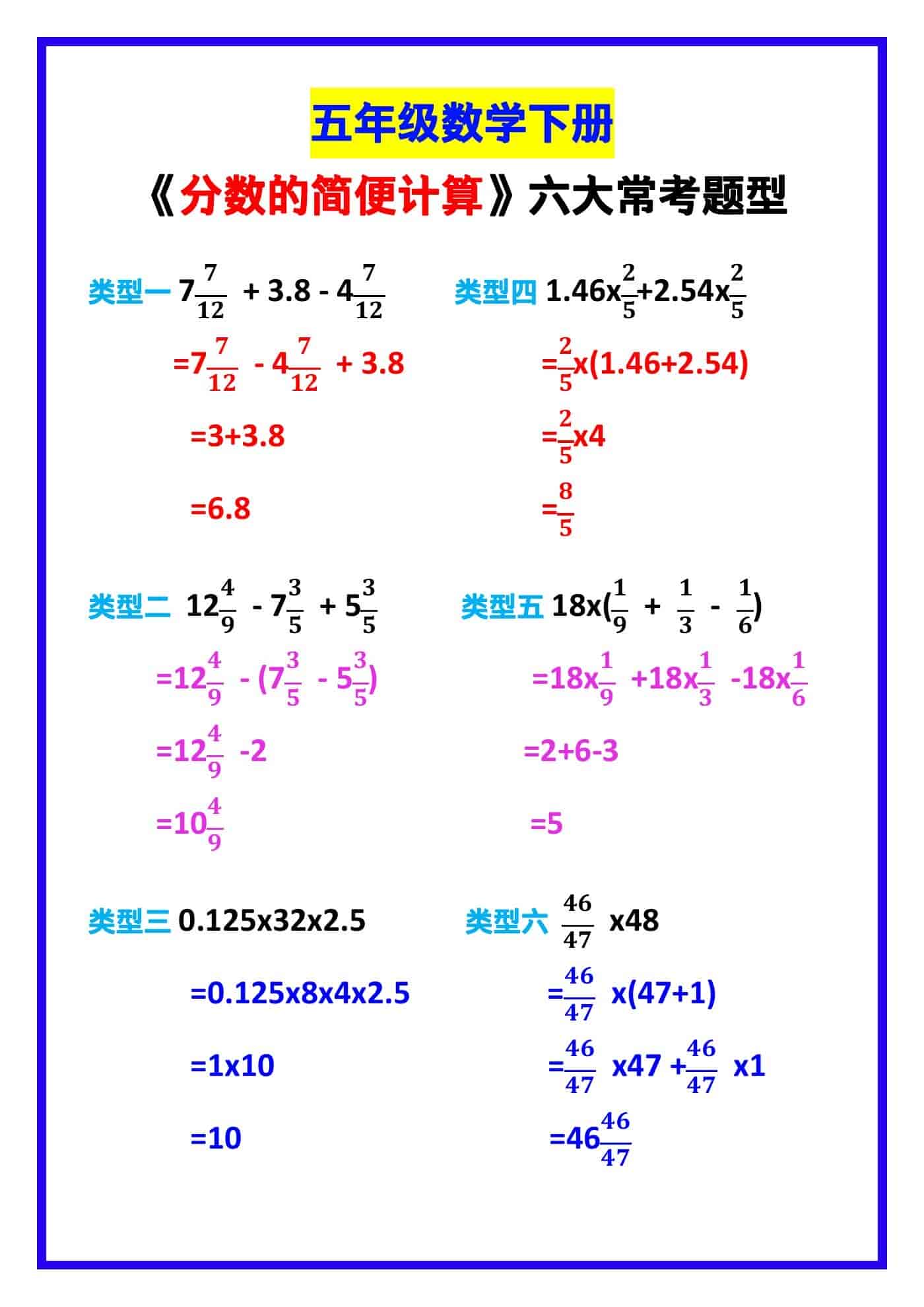 五年级数学下册《分数的简便计算》六大常考题